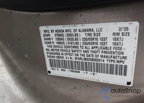 2005 Honda Odyssey Lx from USA, damaged, VIN 5FNRL38225B062014